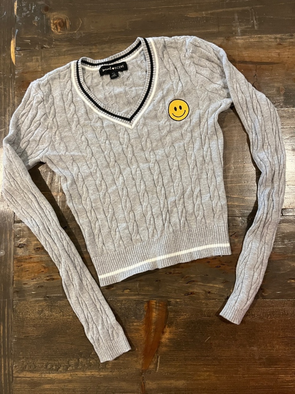 Sundry Gray Cable-Knit V-Neck Sweater with Yellow Smiley Patch